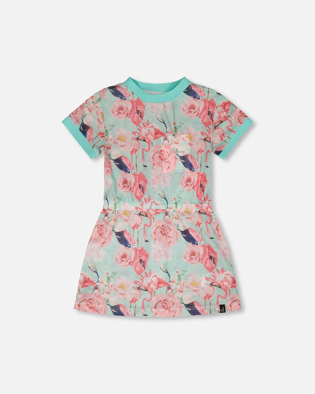 Mesh Beach Dress Blue Flamingo Print-0