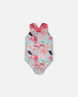 One-Piece Swimsuit Blue Flamingo Print-0