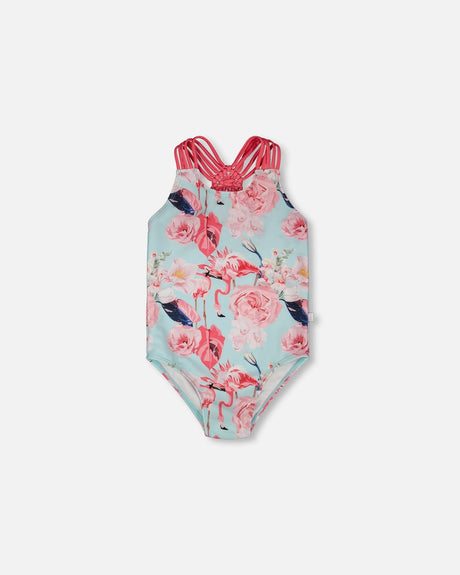 One-Piece Swimsuit Blue Flamingo Print-0