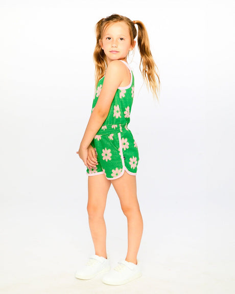 Terry Cloth Sleeveless Jumpsuit Green Printed Flowers-1