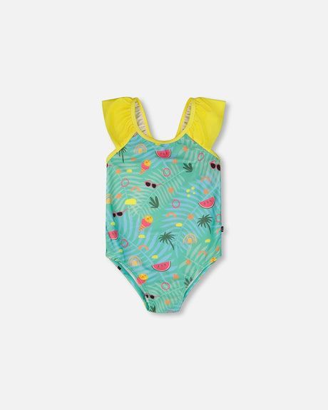One-Piece Swimsuit Green Beach Print-0