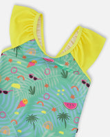 One-Piece Swimsuit Green Beach Print-3