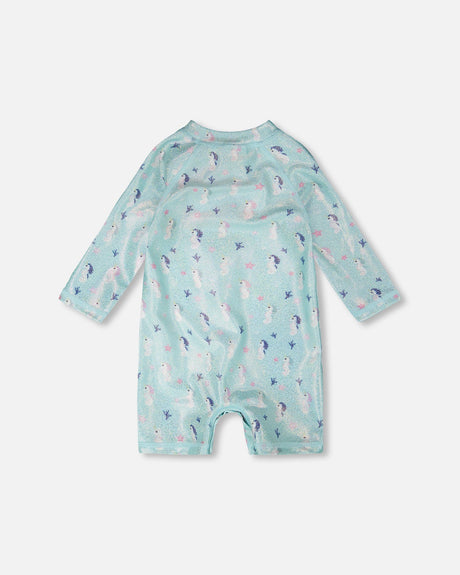 Deux par Deux girls' blue seahorse rashguard one-piece, view 7