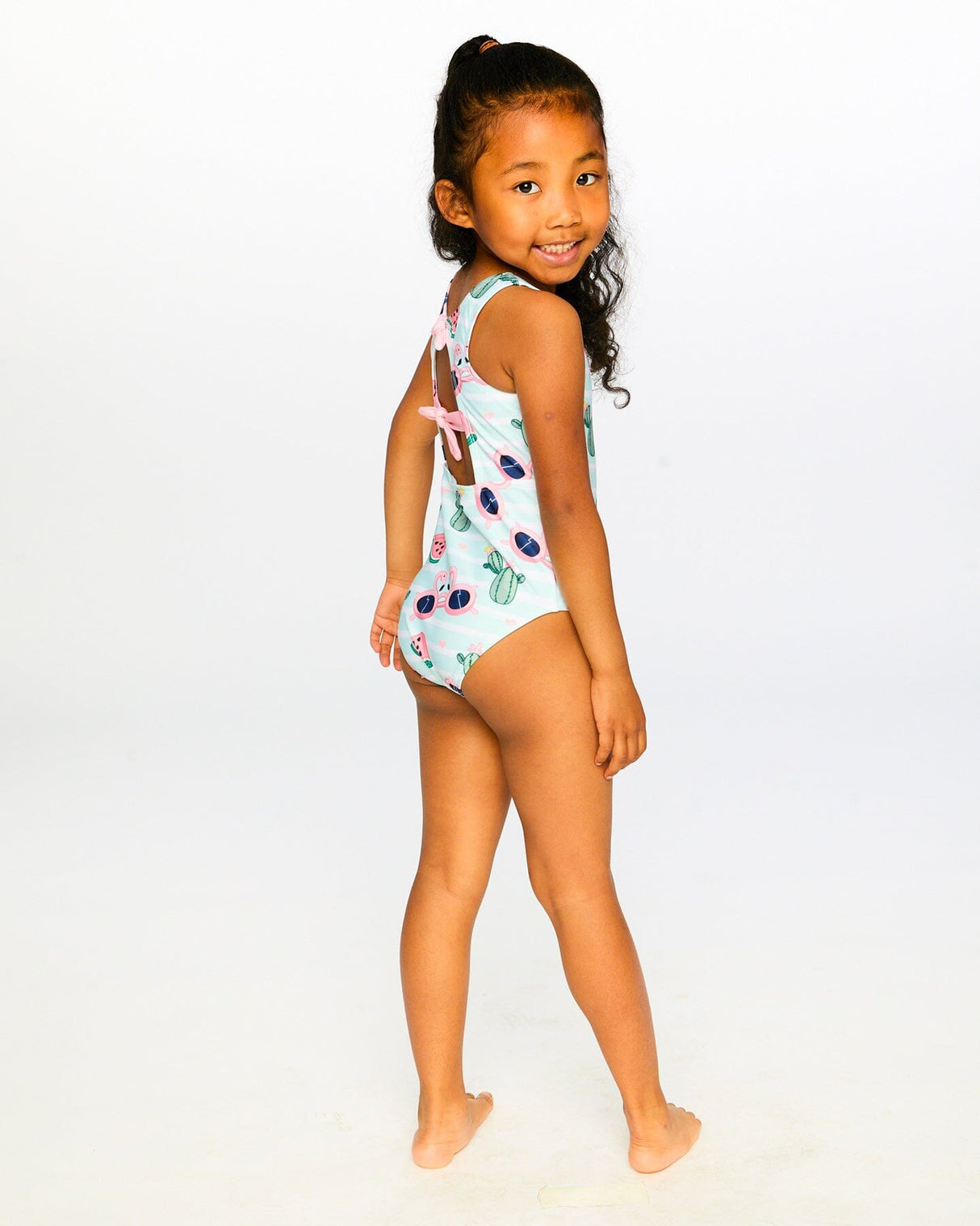 One-Piece Swimsuit Blue Flamingo And Cactus Print-1