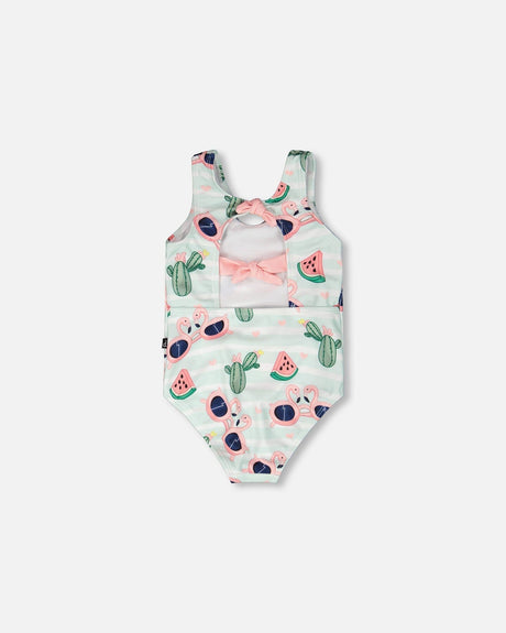 One-Piece Swimsuit Blue Flamingo And Cactus Print-2