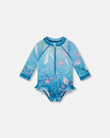 Baby And Toddler One-Piece Long Sleeve Rashguard Blue Shell Print-0