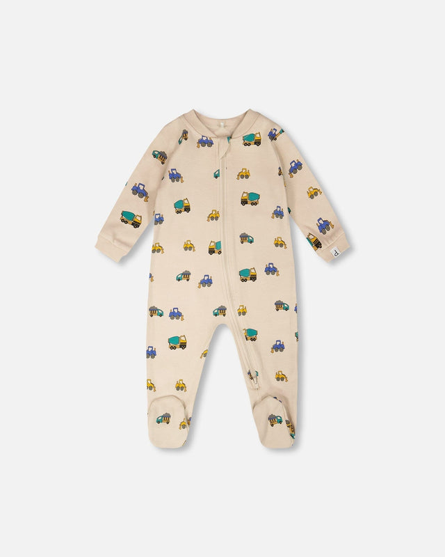 Organic Cotton Baby One-Piece Pyjama Beige Truck Print-0