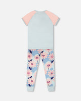 Organic Cotton Two-Piece Pyjama Set Blue Smiling Flower Print-2