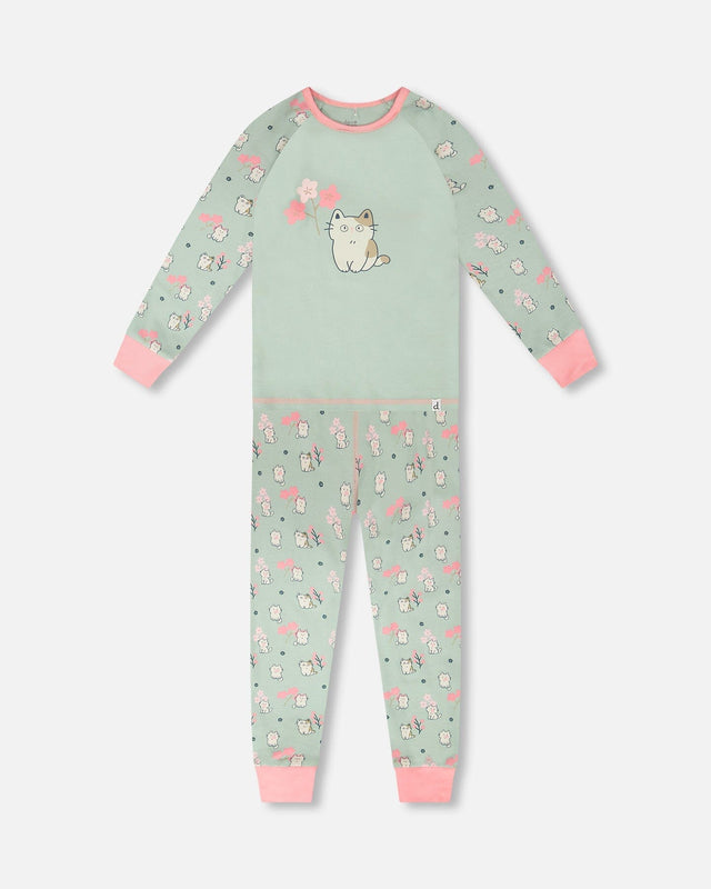Organic Cotton Two-Piece Pyjama Set Green Kitten Print-0