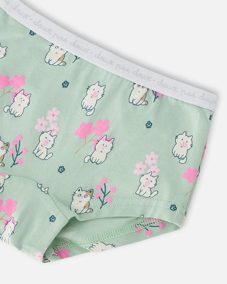 Organic Cotton Boyshort Panty Green Kitten Print-2