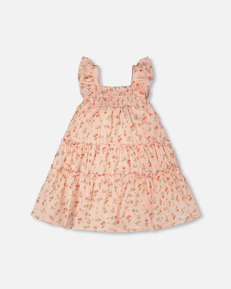 Multi-Tiered Dress With Smocking Pink Printed Flowers-0