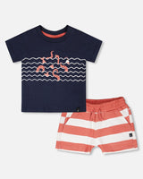 Organic Cotton T-Shirt And Short Set Blue And Brick Stripes-0
