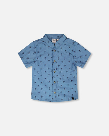Short Sleeve Chambray Shirt Blue Palm Print-0