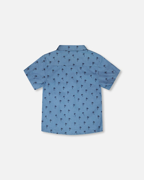Short Sleeve Chambray Shirt Blue Palm Print-4