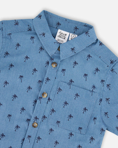 Deux par Deux Short Sleeve Chambray Shirt Blue Palm Print