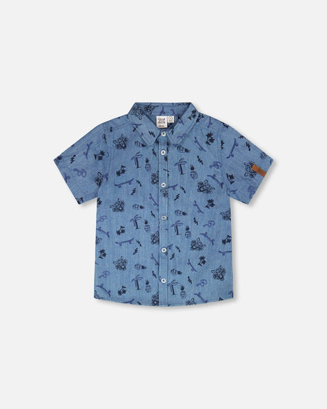 Chambray Short-Sleeve Shirt Blue Printed Skateboards-0