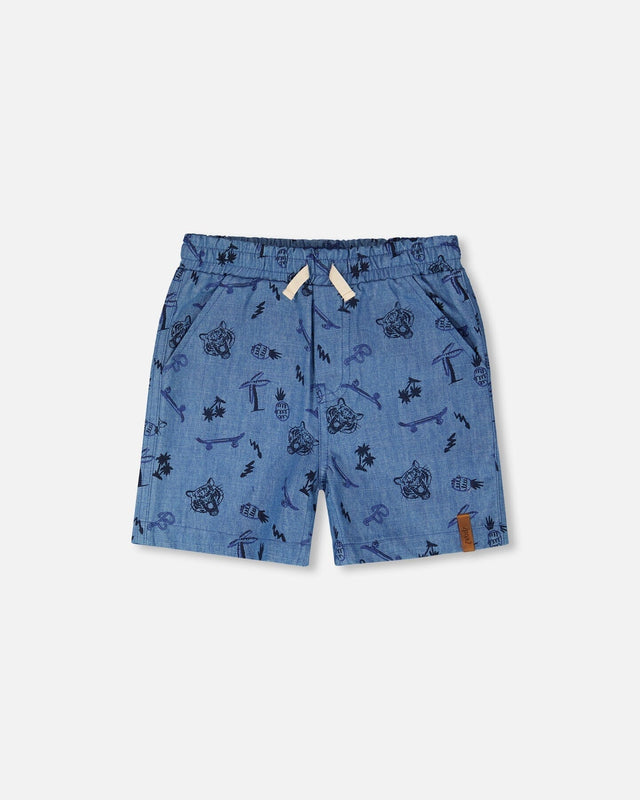 Chambray Shorts Blue Printed Skateboards-0