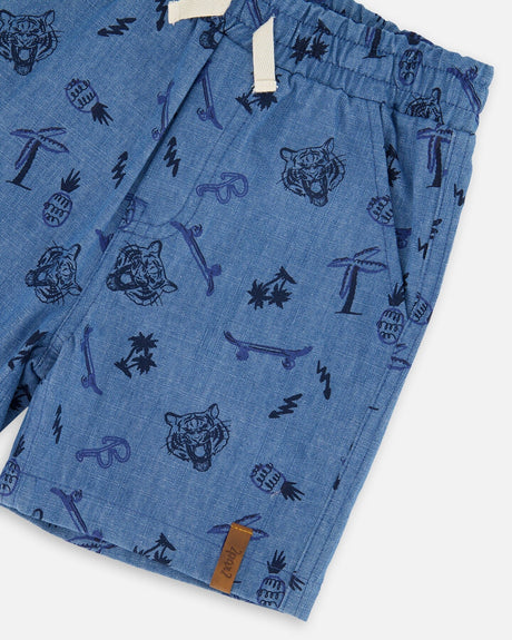 Chambray Shorts Blue Printed Skateboards-3