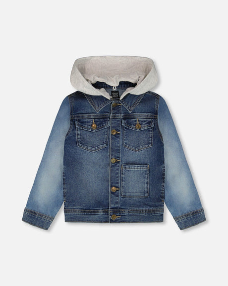 Navy Blue Denim Jacket With Removable French Terry Hood-0