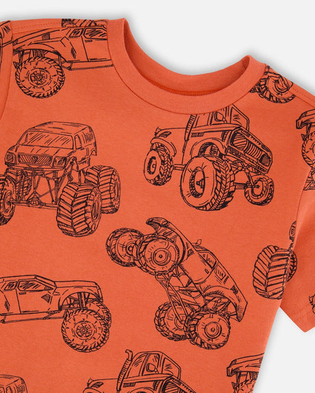 Organic Cotton Jersey T-Shirt Orange Printed Trucks-3