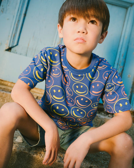 Organic Cotton Jersey T-Shirt Blue Smiley Print-1
