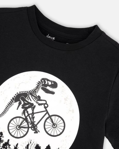 Organic Cotton Jersey T-Shirt With Dino On Bike Print Black-4