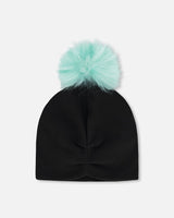 Stretch Jersey Hat Black With Pompom-2