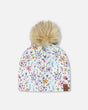 Stretch Jersey Hat Blue Mini Flower Print With Pompom-0