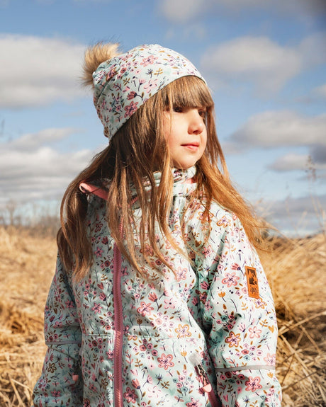 Stretch Jersey Hat Blue Mini Flower Print With Pompom-1