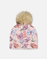 Stretch Jersey Hat Pink Printed Butterflies With Pompom-3