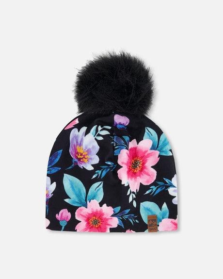 Stretch Jersey Hat Black Printed Flowers With Pompom-0