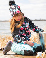 Stretch Jersey Hat Black Printed Flowers With Pompom-1