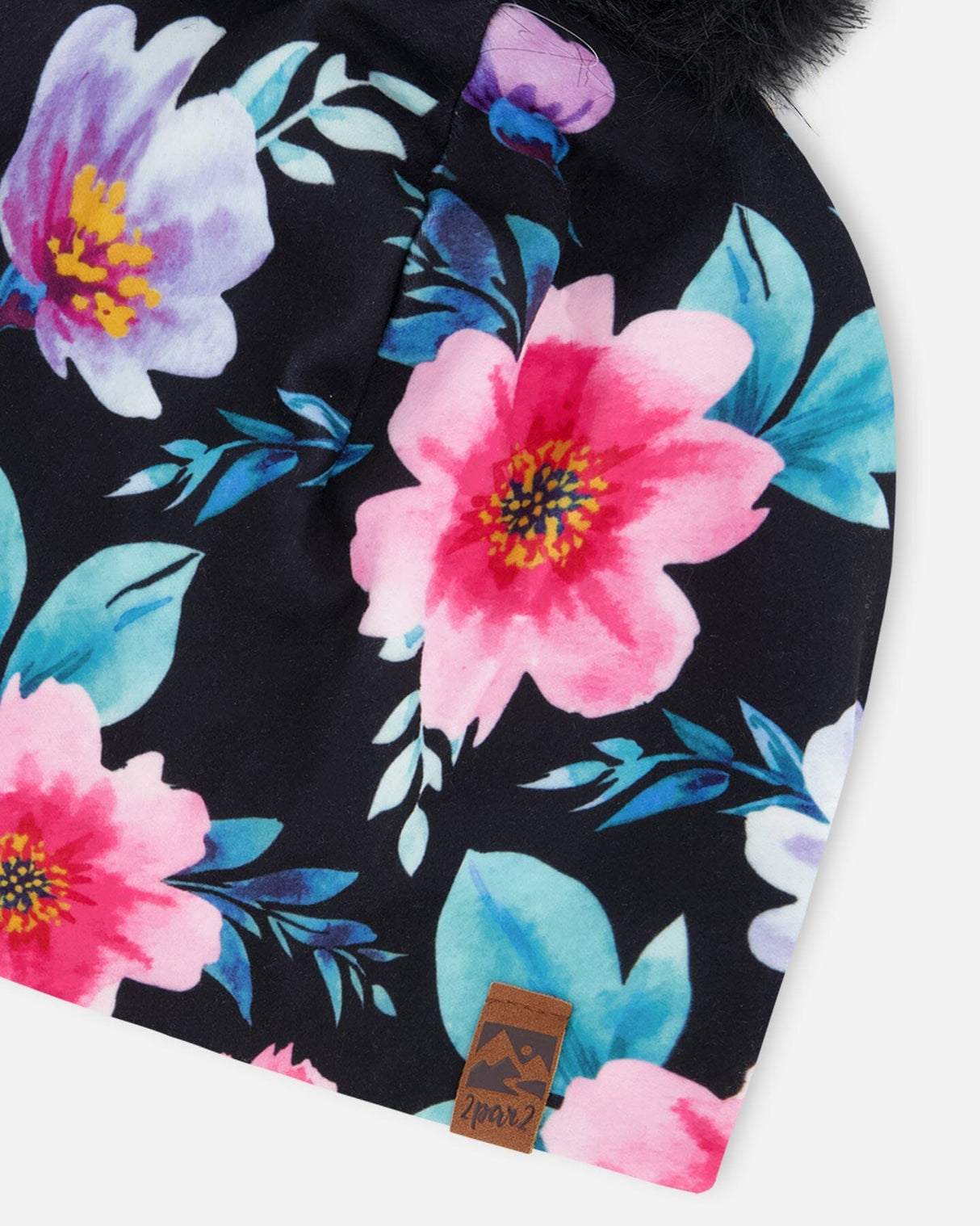 Stretch Jersey Hat Black Printed Flowers With Pompom-3