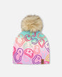 Stretch Jersey Hat Multicolored Printed Smileys With Pompom-0