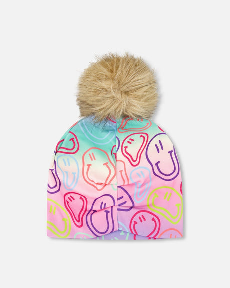 Stretch Jersey Hat Multicolored Printed Smileys With Pompom-3