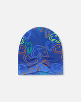 Stretch Jersey Beanie Blue Printed Smileys-3