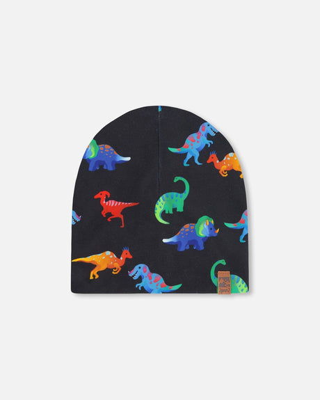 Stretch Jersey Beanie Black Dinosaur Print-0