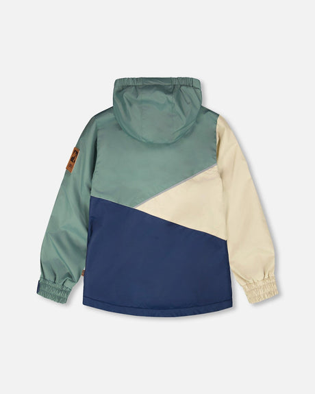 Mid-Season Jacket In Recycled Polyester Dark Green, Beige And Navy-3