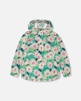 Packable Windbreaker In Polyester Green Smiling Flower Print-0