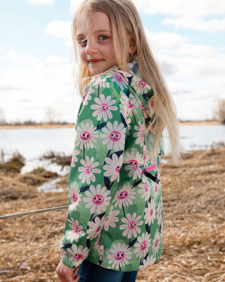 Packable Windbreaker In Polyester Green Smiling Flower Print-1