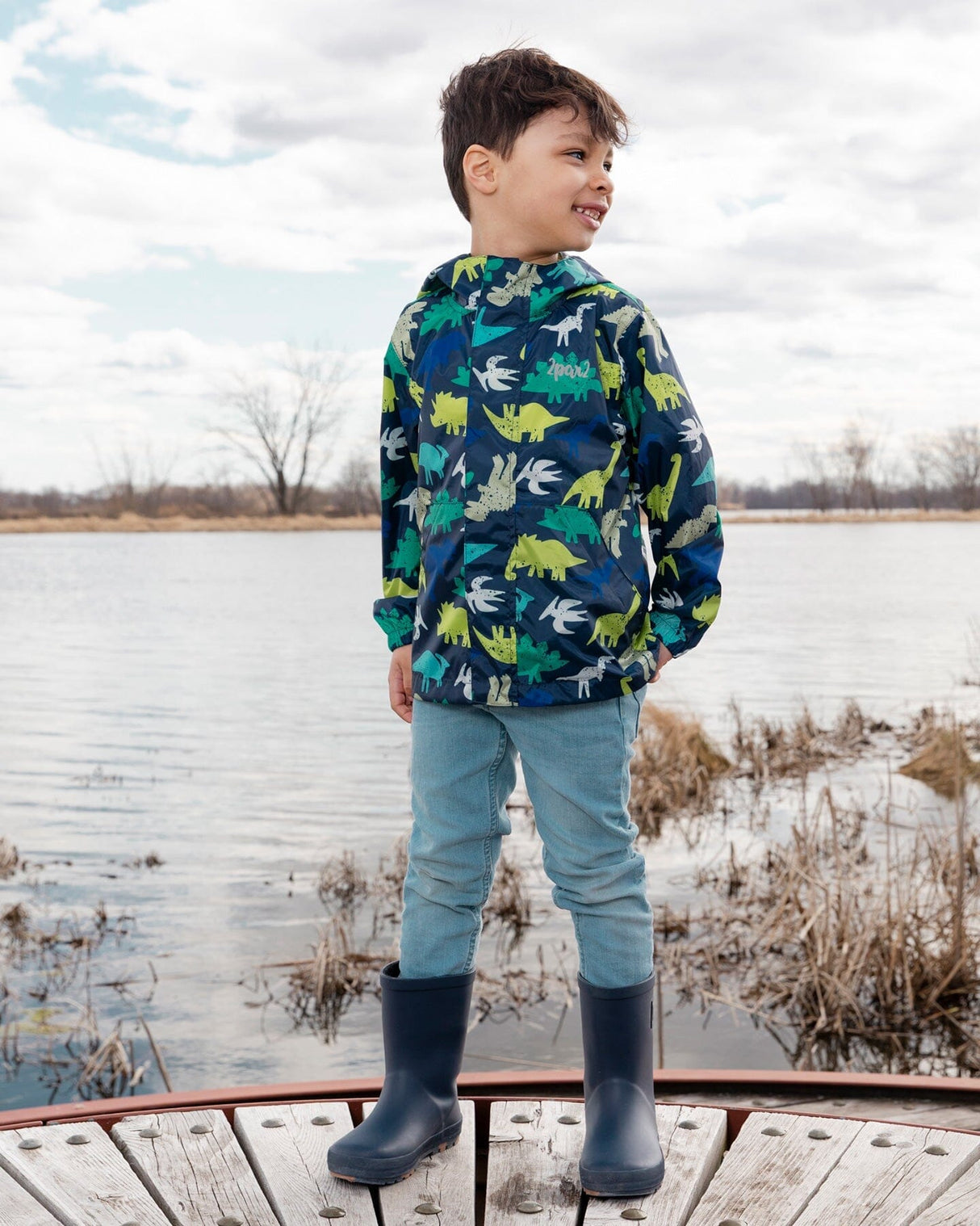 Packable Windbreaker In Polyester Blue Dinosaur Print-2
