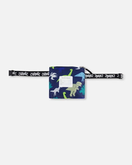 Deux par Deux boys packable windbreaker in blue dinosaur print, view 6