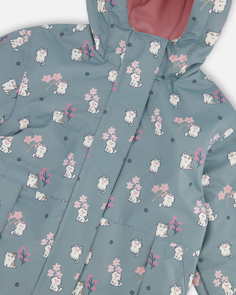 Two-Piece Mid-Season Outerwear Set Green Cat Print-4