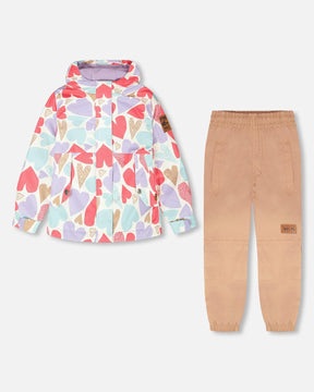 Deux par Deux two-piece outerwear set with a heart print hooded jacket and tan pants