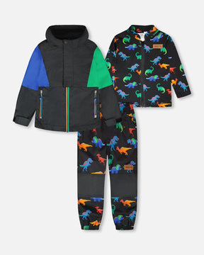 Deux par Deux boys 3-in-1 mid-season outerwear set in black dinosaur print, front view