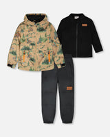 3-In-1 Two-Piece Mid-Season Outerwear Set Brown Motocross Print-0