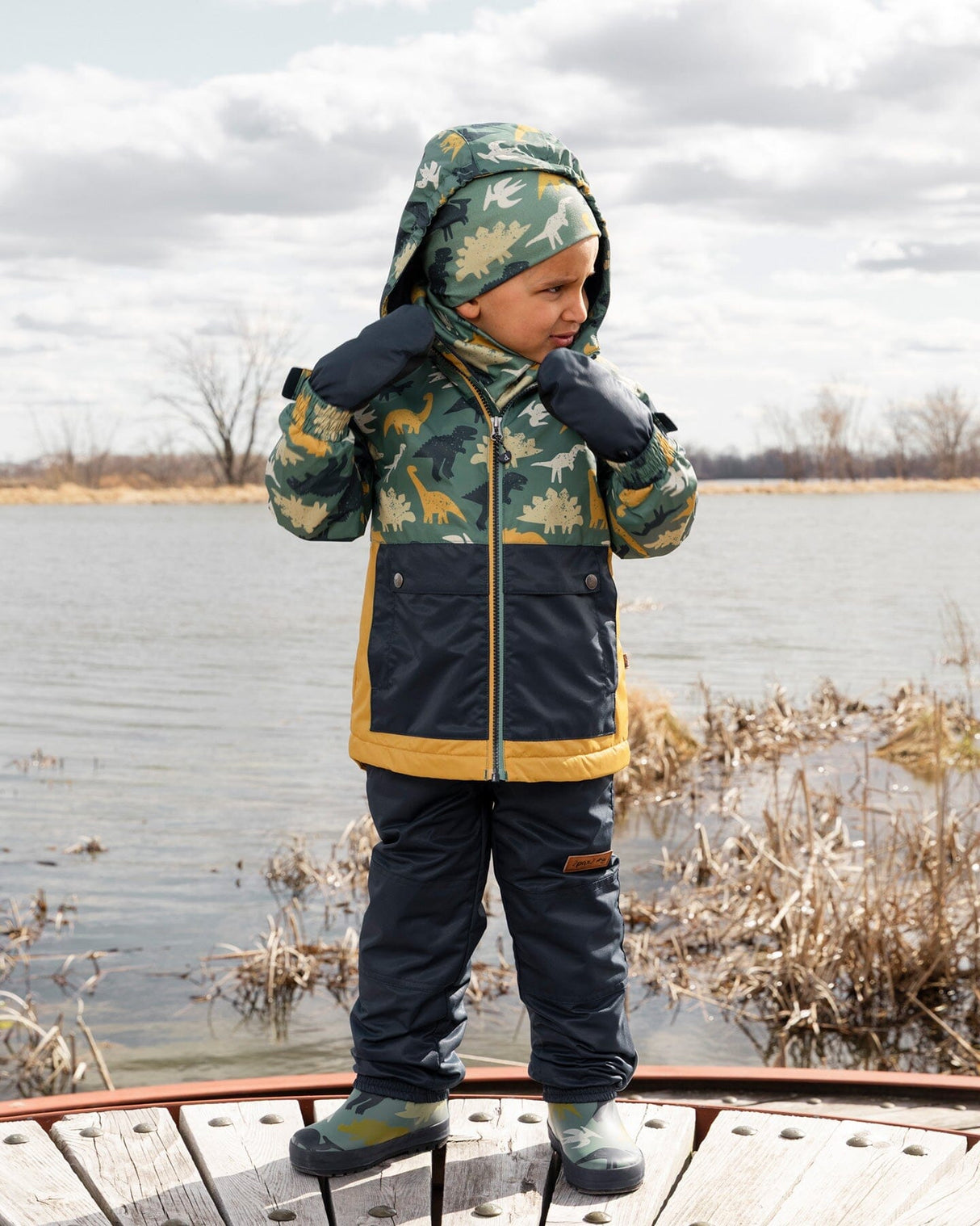Two-Piece Mid-Season Outerwear Set Green Dinosaur Print-2