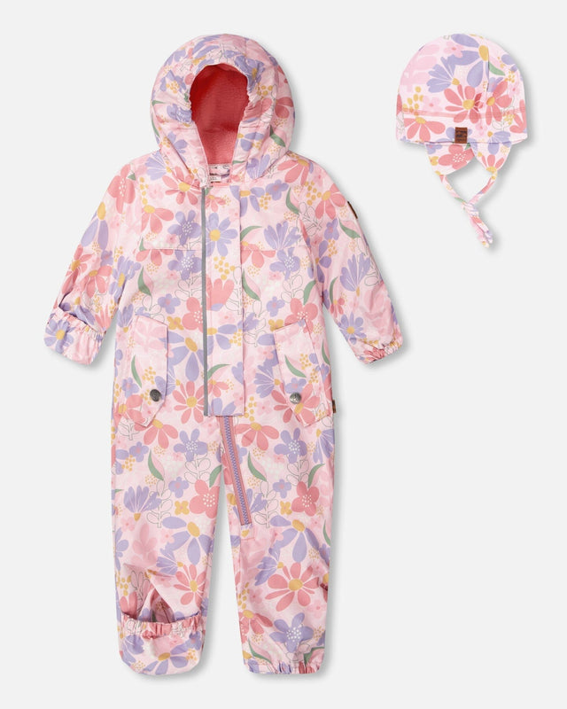 Baby Mid-Season One-Piece Outerwear With Hat Pink Flower Print-0