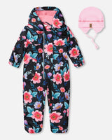 Baby Mid-Season One-Piece Outerwear With Hat Black Printed Flowers-0