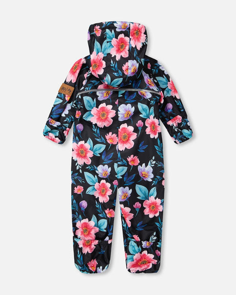 Baby Mid-Season One-Piece Outerwear With Hat Black Printed Flowers-4
